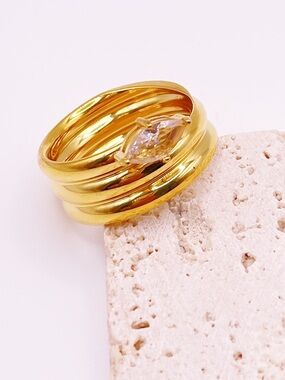 Gold Multi-Band Ring with Clear Stone - Women Jewelry